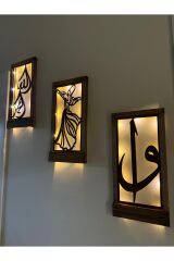 Ledli Işıklı Ahşap Tablo Anneler Günü Hediyesi Elif Vav Allah Muhammed ve Semazen Hac Umre Hediyesi