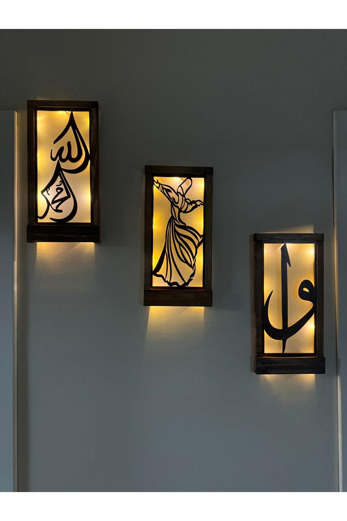 Ledli Işıklı Ahşap Tablo Anneler Günü Hediyesi Elif Vav Allah Muhammed ve Semazen Hac Umre Hediyesi