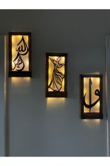 Ledli Işıklı Ahşap Tablo Anneler Günü Hediyesi Elif Vav Allah Muhammed ve Semazen Hac Umre Hediyesi