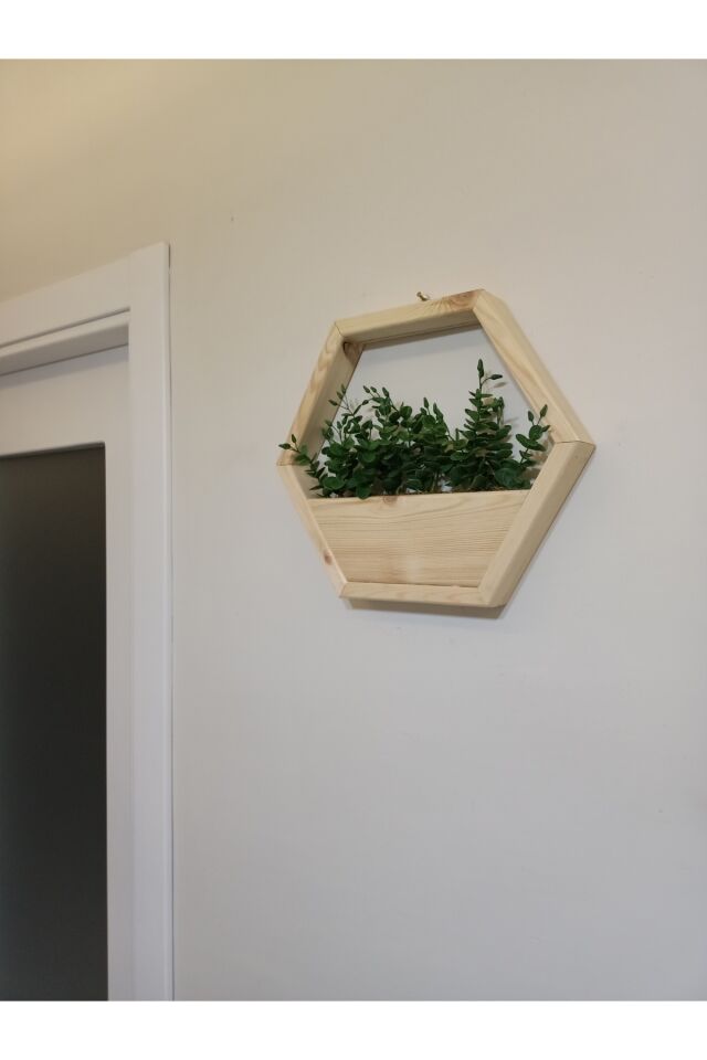  Lüks Dekoratif Ahşap Altıgen Duvar Saksısı Yapay Çiçek Dahil Taş Yosunlu Saksılık Duvar Dekorasyon
