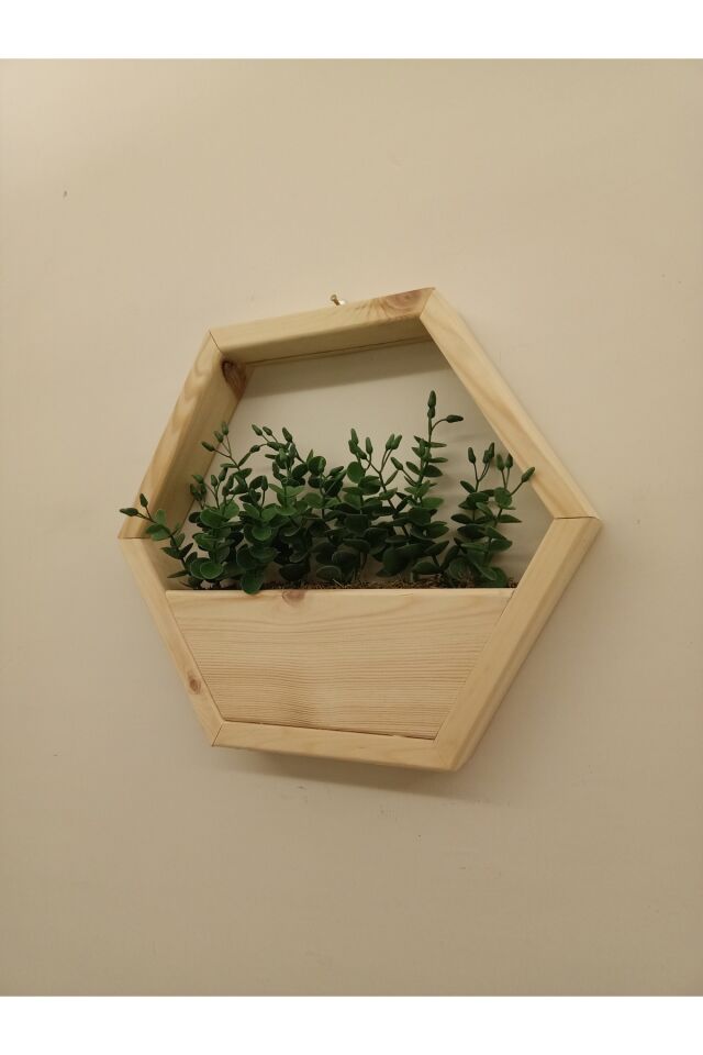  Lüks Dekoratif Ahşap Altıgen Duvar Saksısı Yapay Çiçek Dahil Taş Yosunlu Saksılık Duvar Dekorasyon