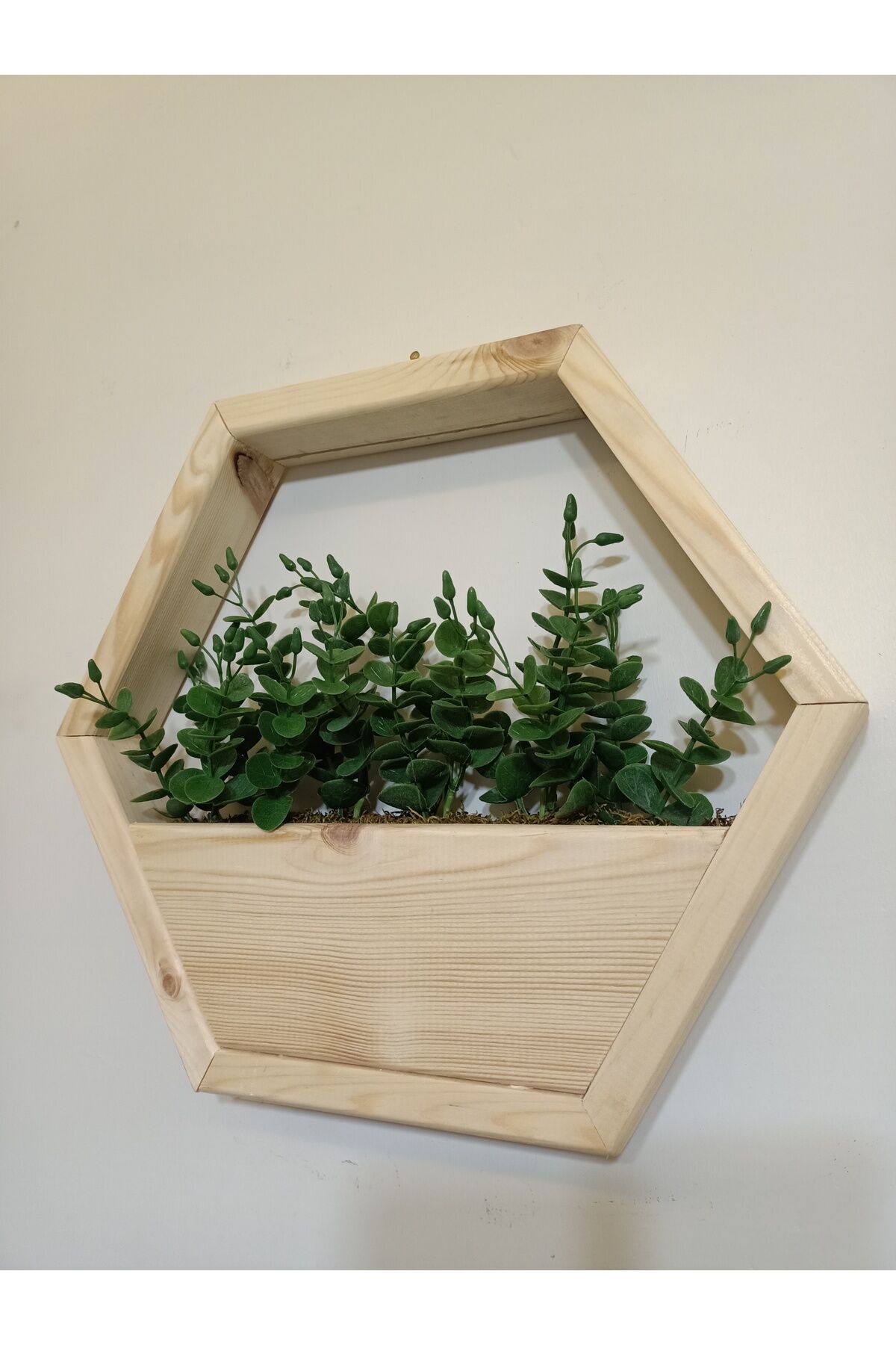  Lüks Dekoratif Ahşap Altıgen Duvar Saksısı Yapay Çiçek Dahil Taş Yosunlu Saksılık Duvar Dekorasyon