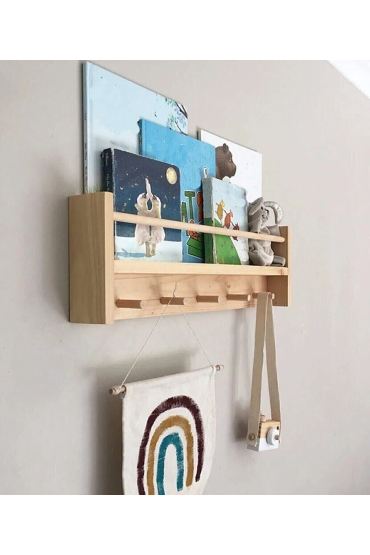  Masif Ahşap Montessori Çocuk Bebek Odası Rafı Ahşap Askılık Duvar Dekoru 50 cm