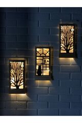 Peri Ledli Sarı-siyah 3lü Set Pillerdahil Ahşap Işıklı Duvar Süsü Antre Hol Dekorasyon