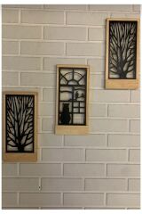 Peri Ledli Sarı-siyah 3lü Set Pillerdahil Ahşap Işıklı Duvar Süsü Antre Hol Dekorasyon