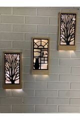 Peri Ledli Sarı-siyah 3lü Set Pillerdahil Ahşap Işıklı Duvar Süsü Antre Hol Dekorasyon