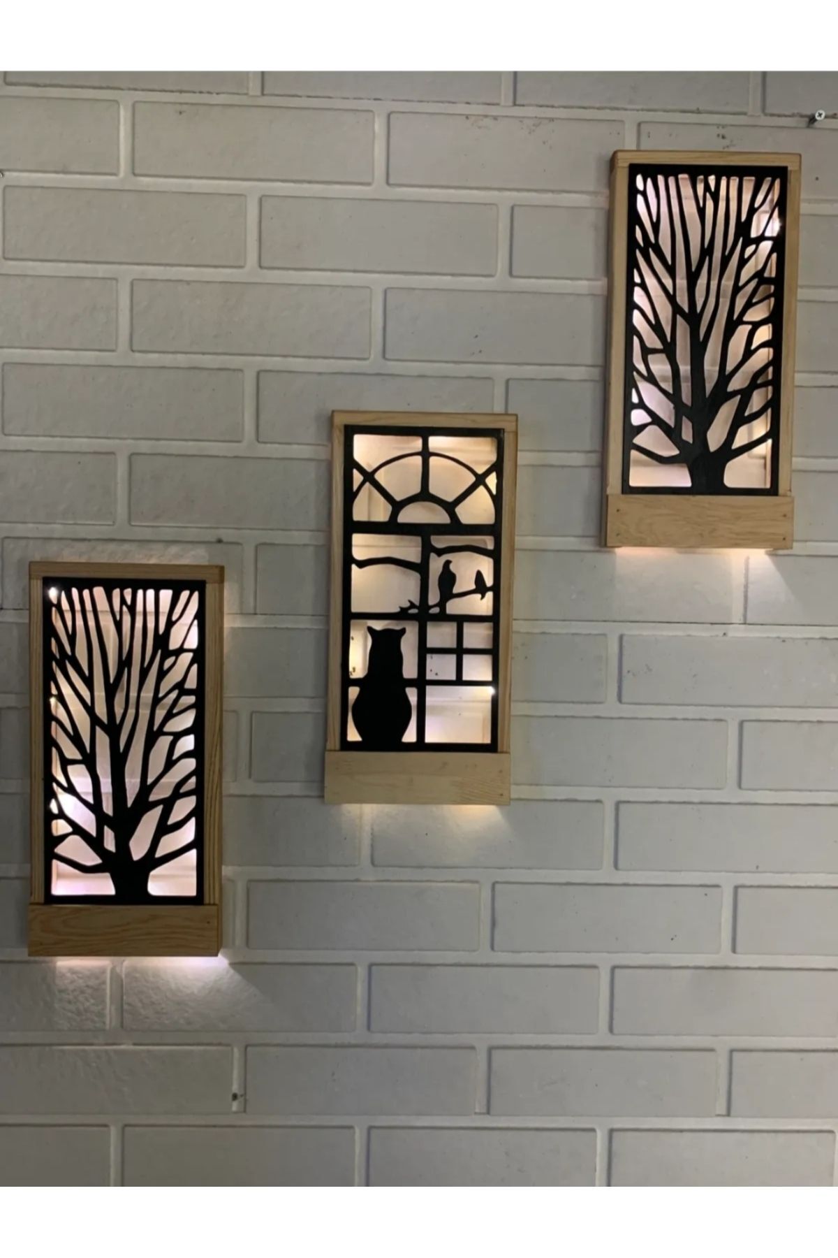 Peri Ledli Sarı-siyah 3lü Set Pillerdahil Ahşap Işıklı Duvar Süsü Antre Hol Dekorasyon