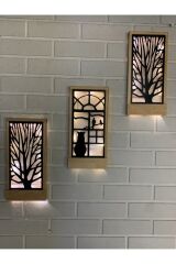 Peri Ledli Sarı-siyah 3lü Set Pillerdahil Ahşap Işıklı Duvar Süsü Antre Hol Dekorasyon