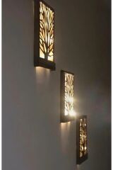 3 Lü Set Peri Ledli Ağaç Desenli Masif Panel Çerçeve Tablo Hol Duvar Süsü Ev Hediyesi 36x18