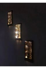 3 Lü Set Peri Ledli Ağaç Desenli Masif Panel Çerçeve Tablo Hol Duvar Süsü Ev Hediyesi 36x18