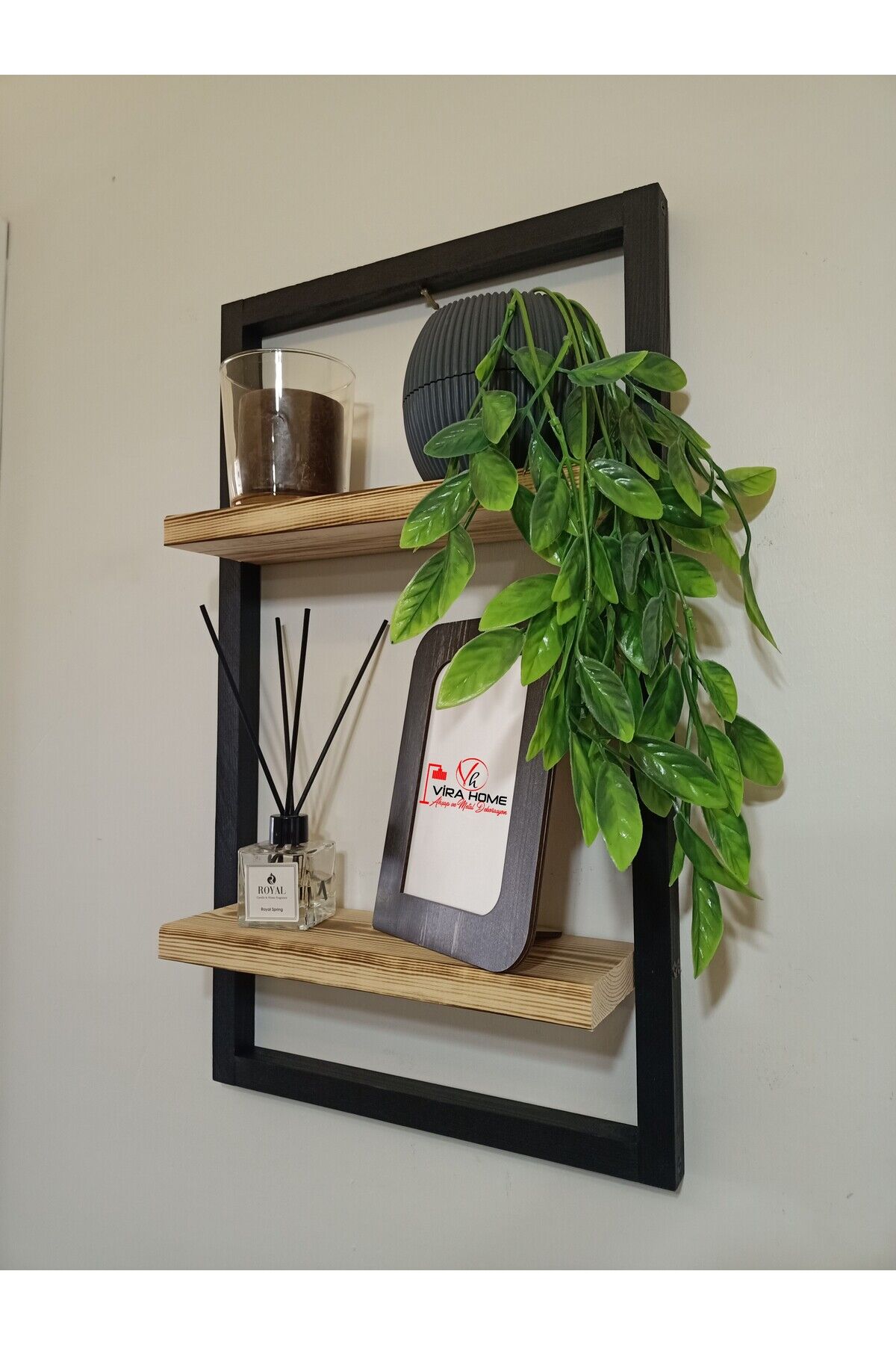  Lüx Dekoratif Siyah Ahşap Çerçeveli Iki Katlı Duvar Rafı Çiçeklik Duvar Süsü Ev Antre Balkon Rafı
