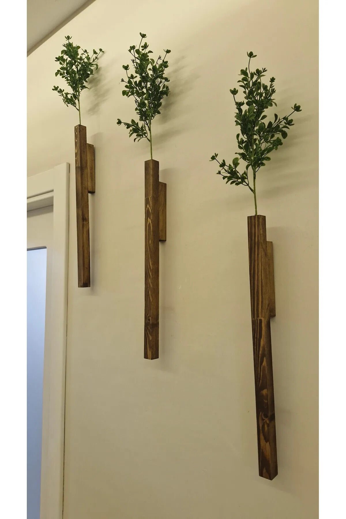  3'Lü Dekoratif Ahşap Çiçeklik Duvar Dekoru Rustik Çiçeklik Yapay Çiçek Ev Antre Balkon Saksılık 50cm