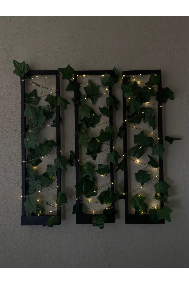  3'lü Ahşap Peri Ledli Sarmaşıklı Duvar Çıtası Kış Bahçesi Balkon Duvar Dekor Bohem Retro Çeyiz