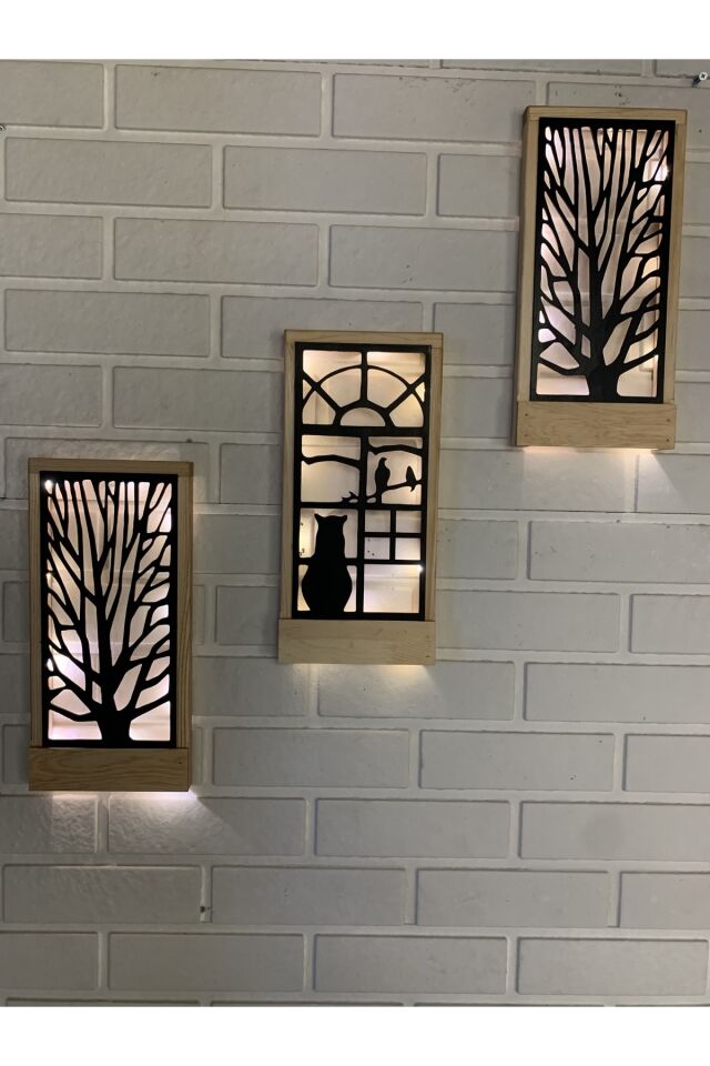  Peri Ledli Sarı-siyah 3lü Set Pillerhariç Ahşap Işıklı Duvar Süsü Gece Lambası Antre