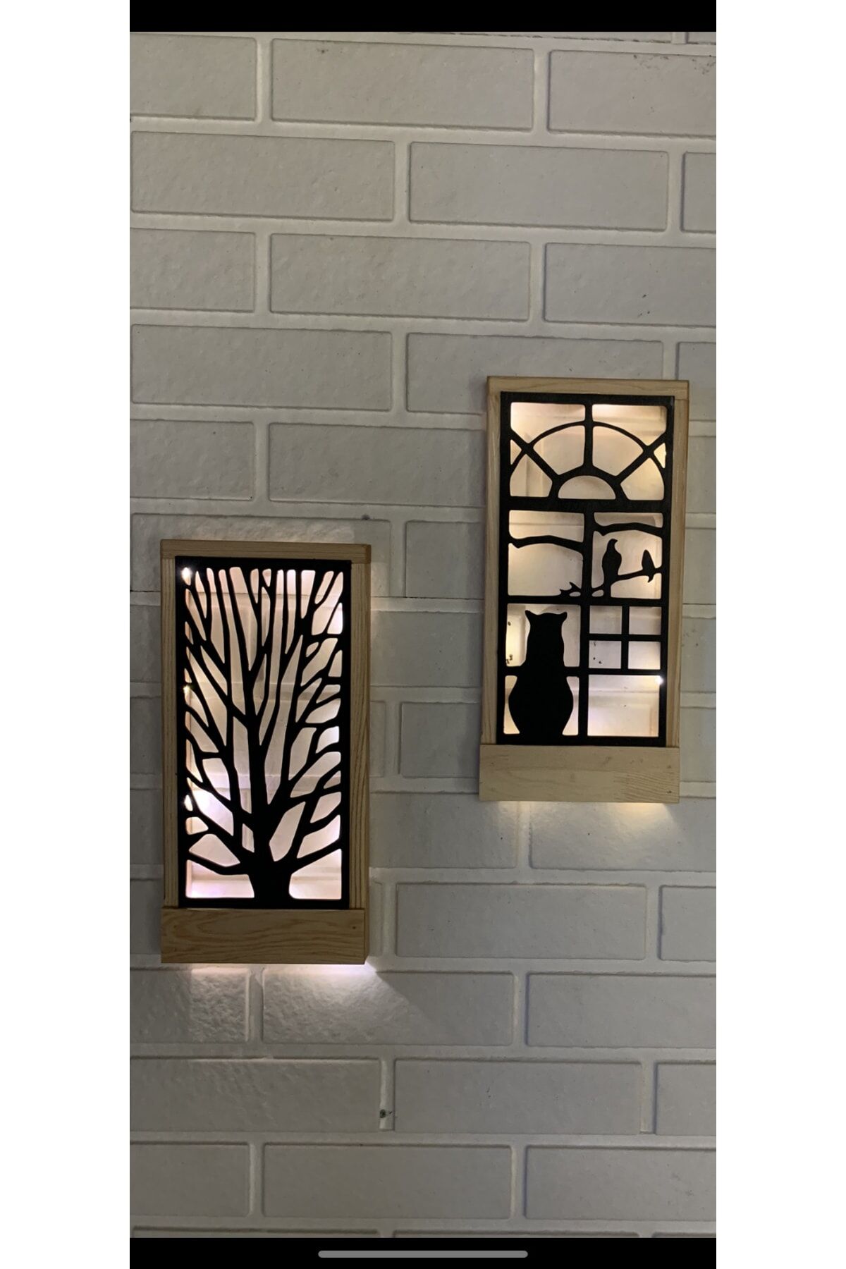  2 Li Set Peri Ledli Sarı-siyah Pillerhariç Ahşap Işıklı Duvar Süsü Gece Lambası Antre