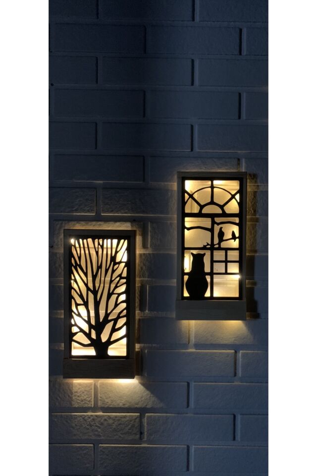  2 Li Set Peri Ledli Sarı-siyah Pillerhariç Ahşap Işıklı Duvar Süsü Gece Lambası Antre