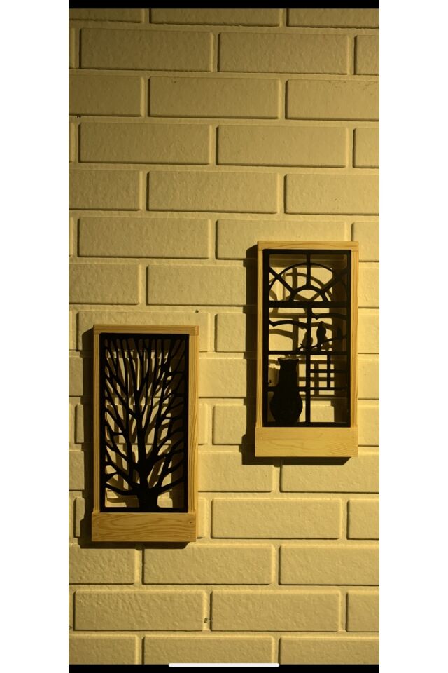  2 Li Set Peri Ledli Sarı-siyah Pillerhariç Ahşap Işıklı Duvar Süsü Gece Lambası Antre