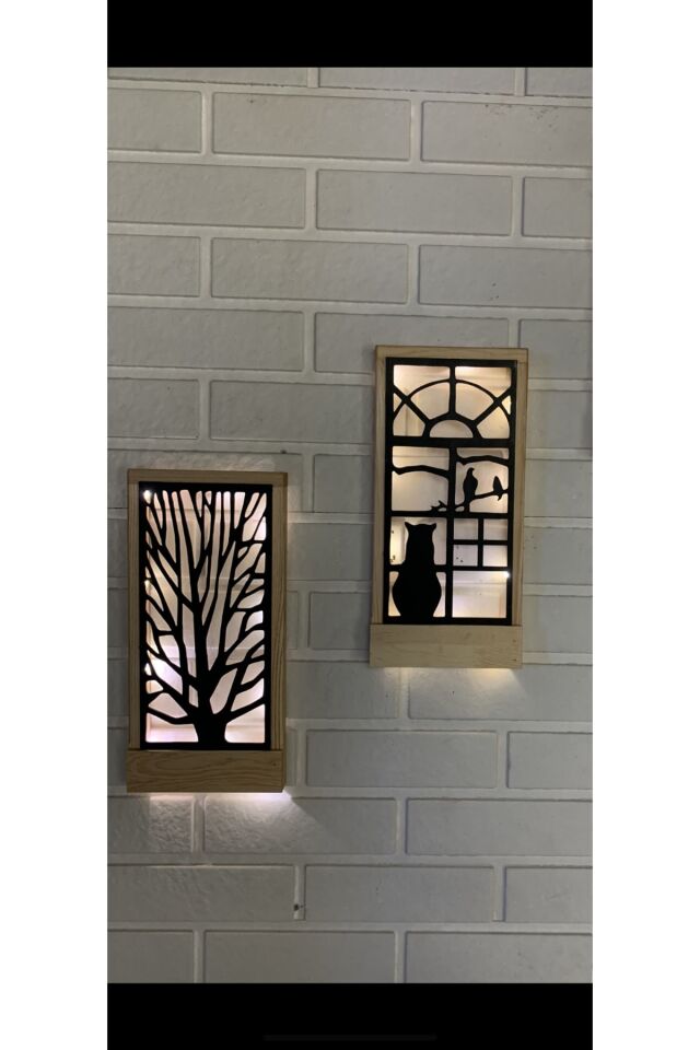  2 Li Set Peri Ledli Sarı-siyah Pillerhariç Ahşap Işıklı Duvar Süsü Gece Lambası Antre