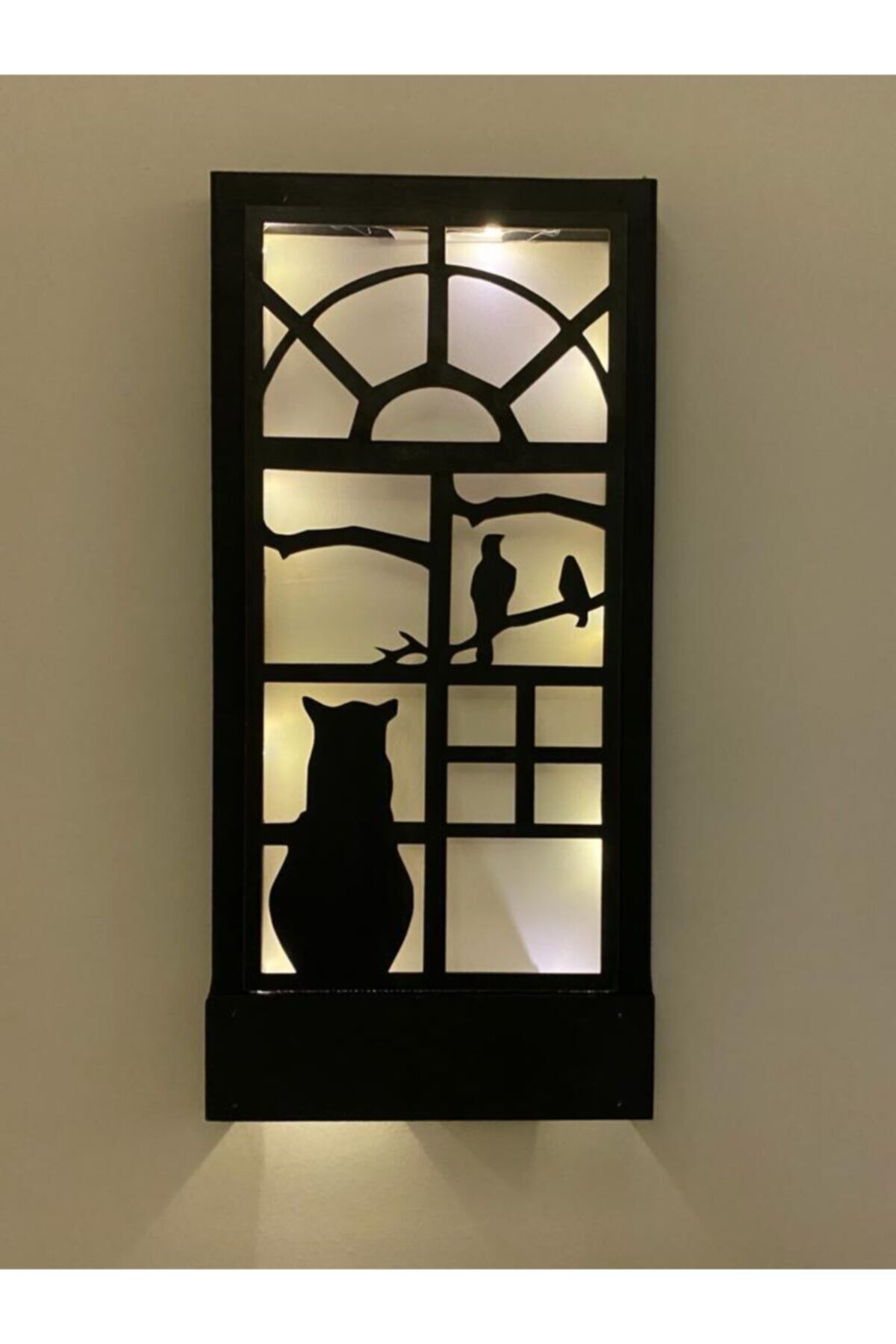  Siyah Kedi Pillerhariç Peri Ledli Ahşap Işıklı Tablo Ev Hediyesi Hol Antre Gece Lambası Duvar Süsü