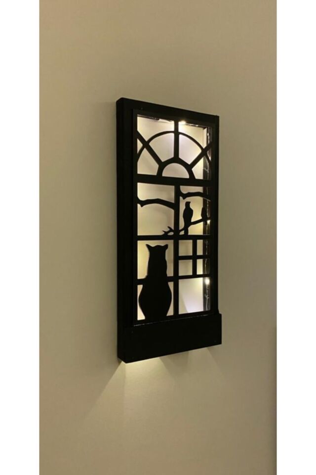 Siyah Kedi Pillerhariç Peri Ledli Ahşap Işıklı Tablo Ev Hediyesi Hol Antre Gece Lambası Duvar Süsü