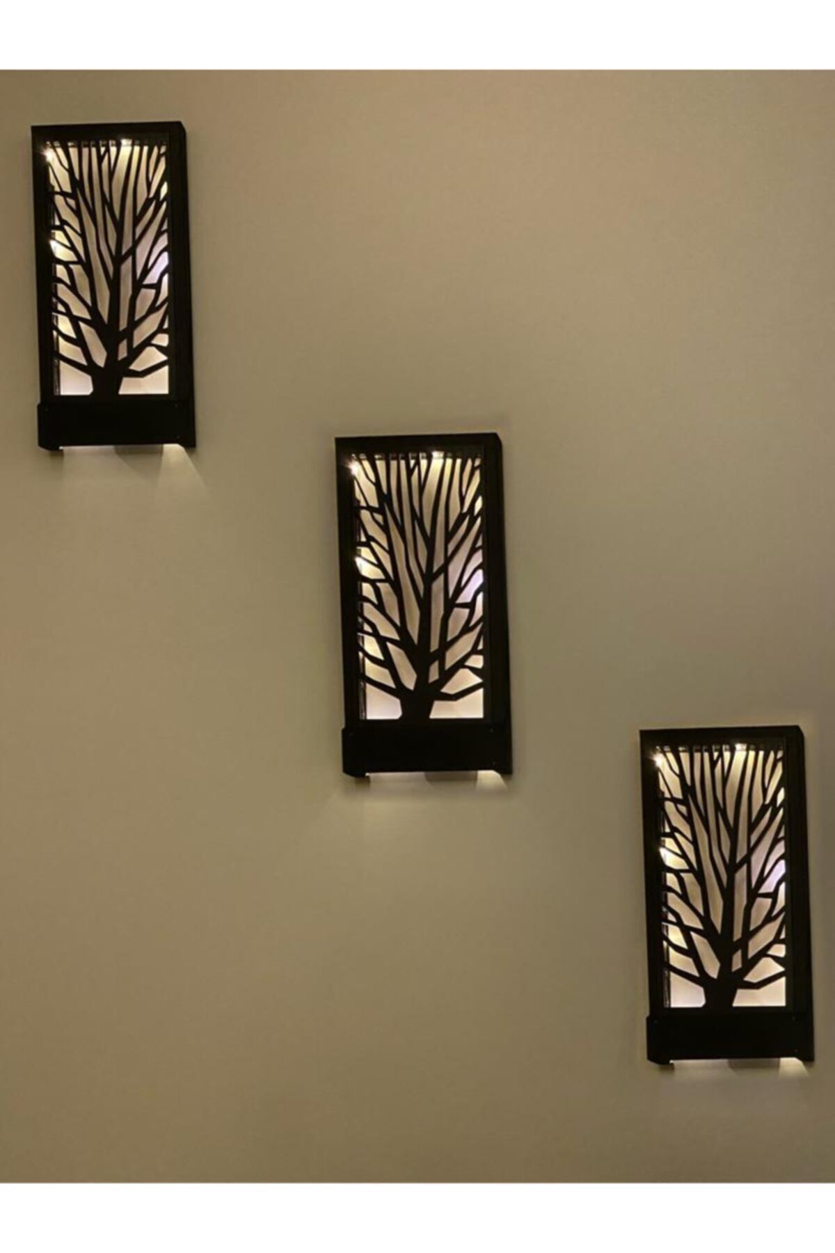  Siyah 3lü Set Pillerhariç Peri Ledli Duvar Süsü Ahşap Işıklı Tablo Gece Lambası Antre Hol Evhediyesi