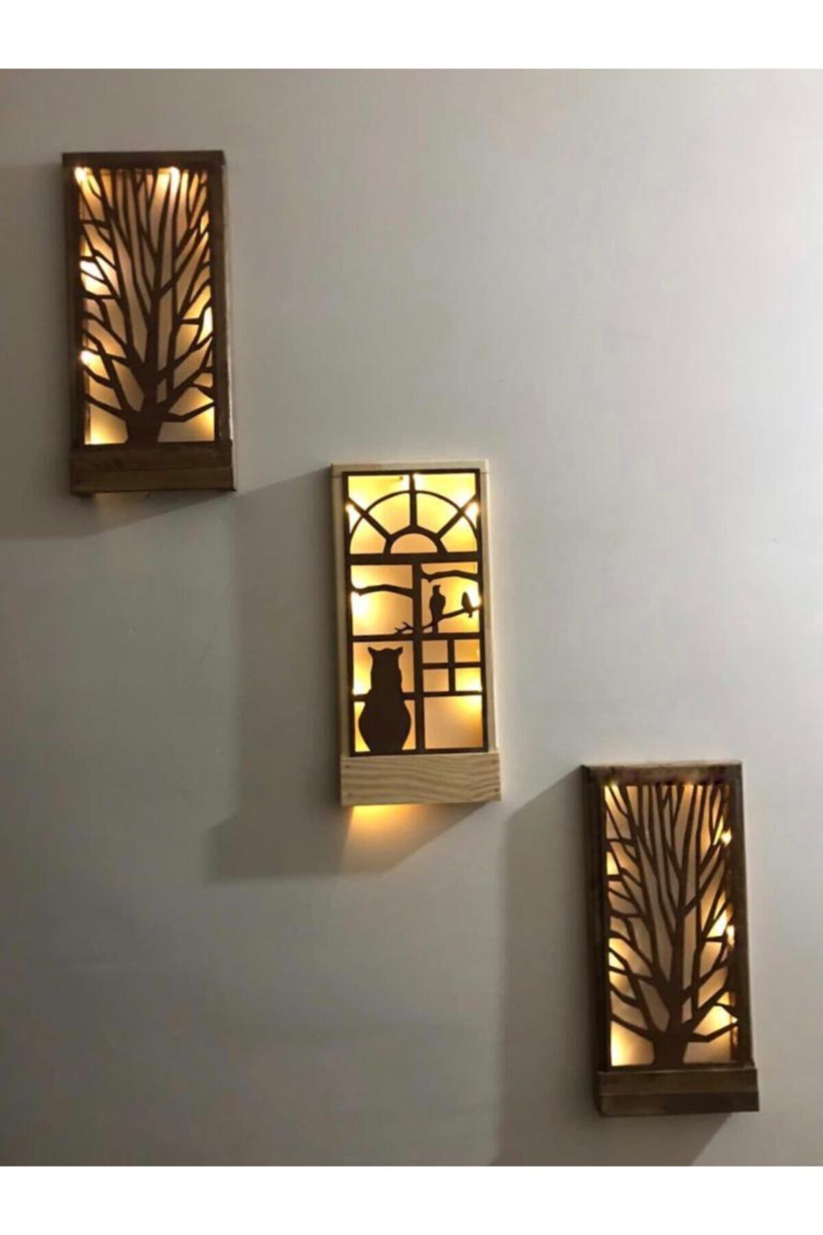  Kahverengi Masif Ahşap  Ledli Tablo Duvar Süsü 36x18 3 Lü Set