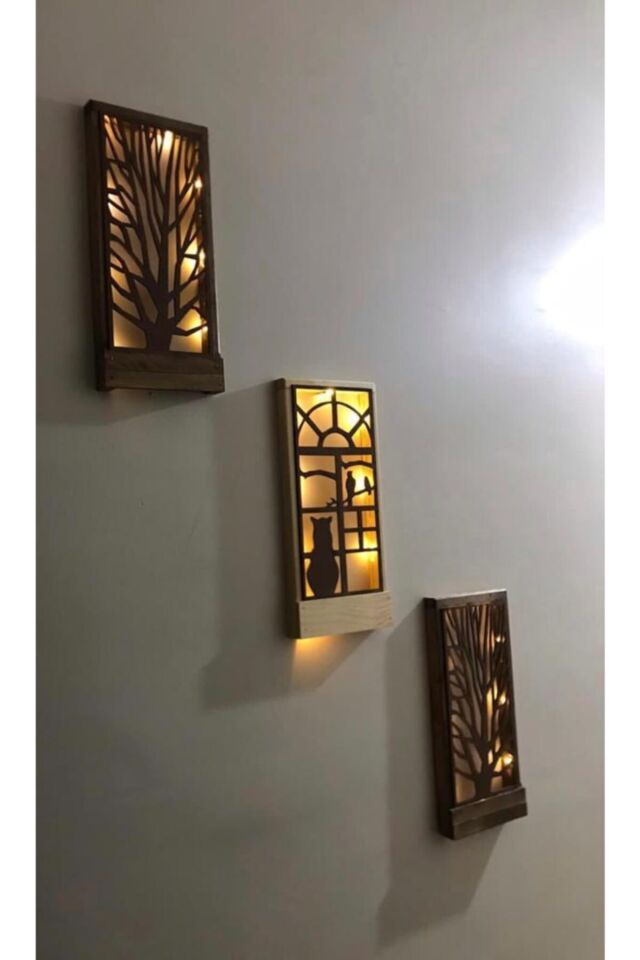  Kahverengi Masif Ahşap  Ledli Tablo Duvar Süsü 36x18 3 Lü Set