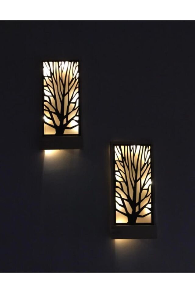  Işıklı Ağaç Desenli Peri Ledli Masifahşap Tablo 36x18 2li set