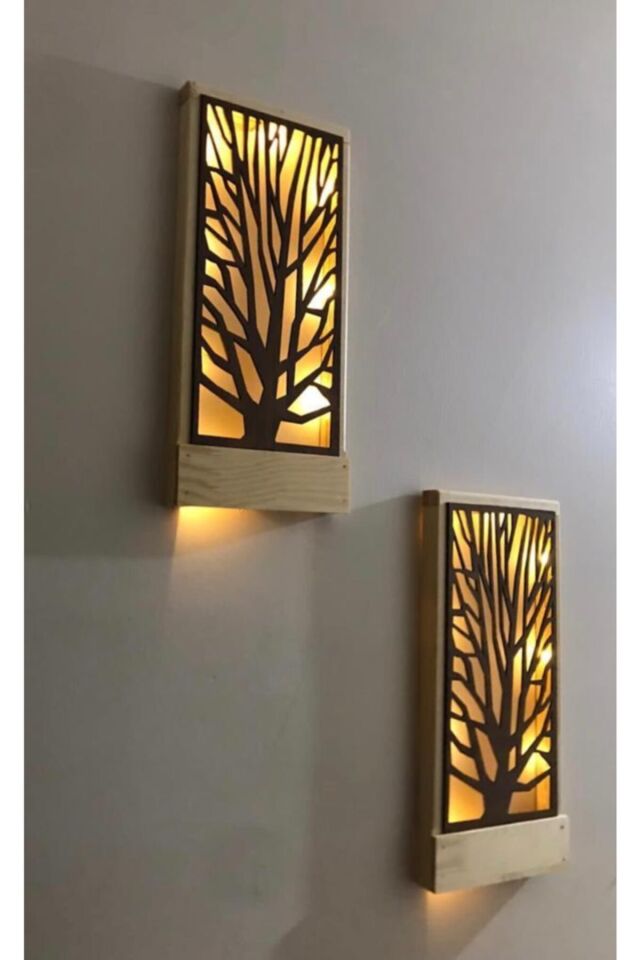  Işıklı Ağaç Desenli Peri Ledli Masifahşap Tablo 36x18 2li set