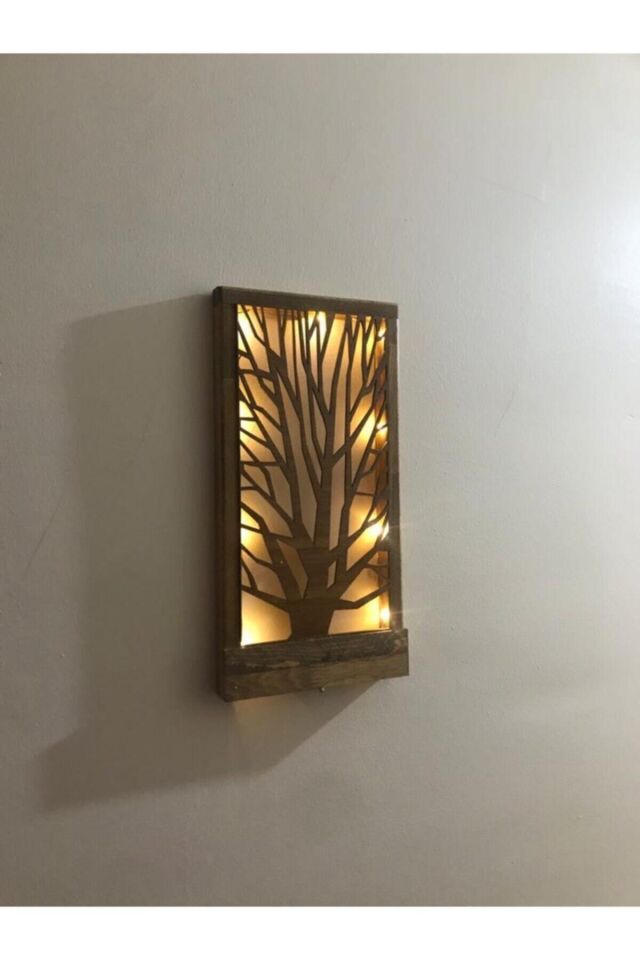  Ledli Ağaç Desenli Doğal Ahşap Duvar Dekoru Işıklı Tablo Ev Hediyesi Antre Hol Oturma Odası