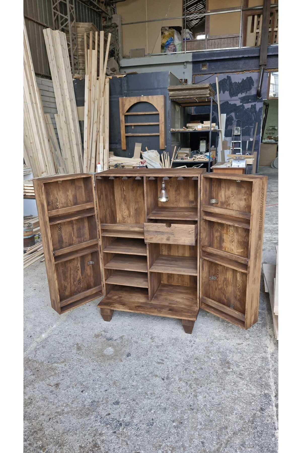 Lüks Masif Ahşap Bar Dolabı Rustik Dolap Çok Amaçlı İçki Dolabı Meşrubat Dolabı