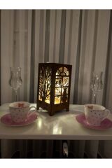 Özel Tasarım Ahşap Abajur Masa Lambası Pilli Gece Lambası Gün Işığı Peri Led Kedi Desenli Hediyelik