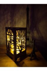 Özel Tasarım Ahşap Abajur Masa Lambası Pilli Gece Lambası Gün Işığı Peri Led Kedi Desenli Hediyelik