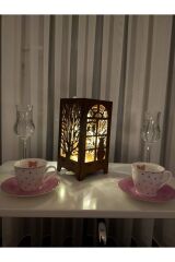 Dekoratif Mini Özel Tasarım Ahşap Abajur Masa Süsü Peri Ledli Kedi Ve Ağaç Desenli 20x10cm