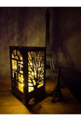 Dekoratif Mini Özel Tasarım Ahşap Abajur Masa Süsü Peri Ledli Kedi Ve Ağaç Desenli 20x10cm