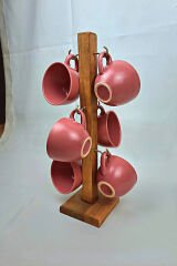 Mutfak Tezgah Üstü Ahşap Kahve Standı Fincan Askılığı Düzenleyici Kahve Köşesi Otel Cafe Bar 6 Kanca