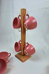 Mutfak Tezgah Üstü Ahşap Kahve Standı Fincan Askılığı Düzenleyici Kahve Köşesi Otel Cafe Bar 6 Kanca