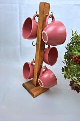 Mutfak Tezgah Üstü Ahşap Kahve Standı Fincan Askılığı Düzenleyici Kahve Köşesi Otel Cafe Bar 6 Kanca