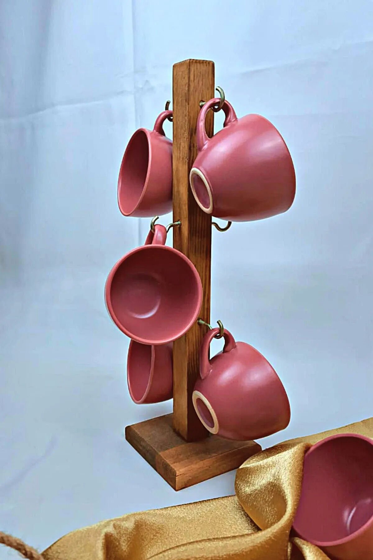 Mutfak Tezgah Üstü Ahşap Kahve Standı Fincan Askılığı Düzenleyici Kahve Köşesi Otel Cafe Bar 6 Kanca